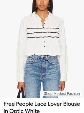 Free People Classic Cream Button-Front Gathered Blouse with Black Trim
